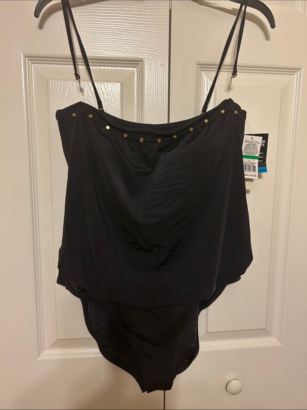 Kenneth Cole NWT Black One-Piece Swimsuit with Gold Stud Detail.